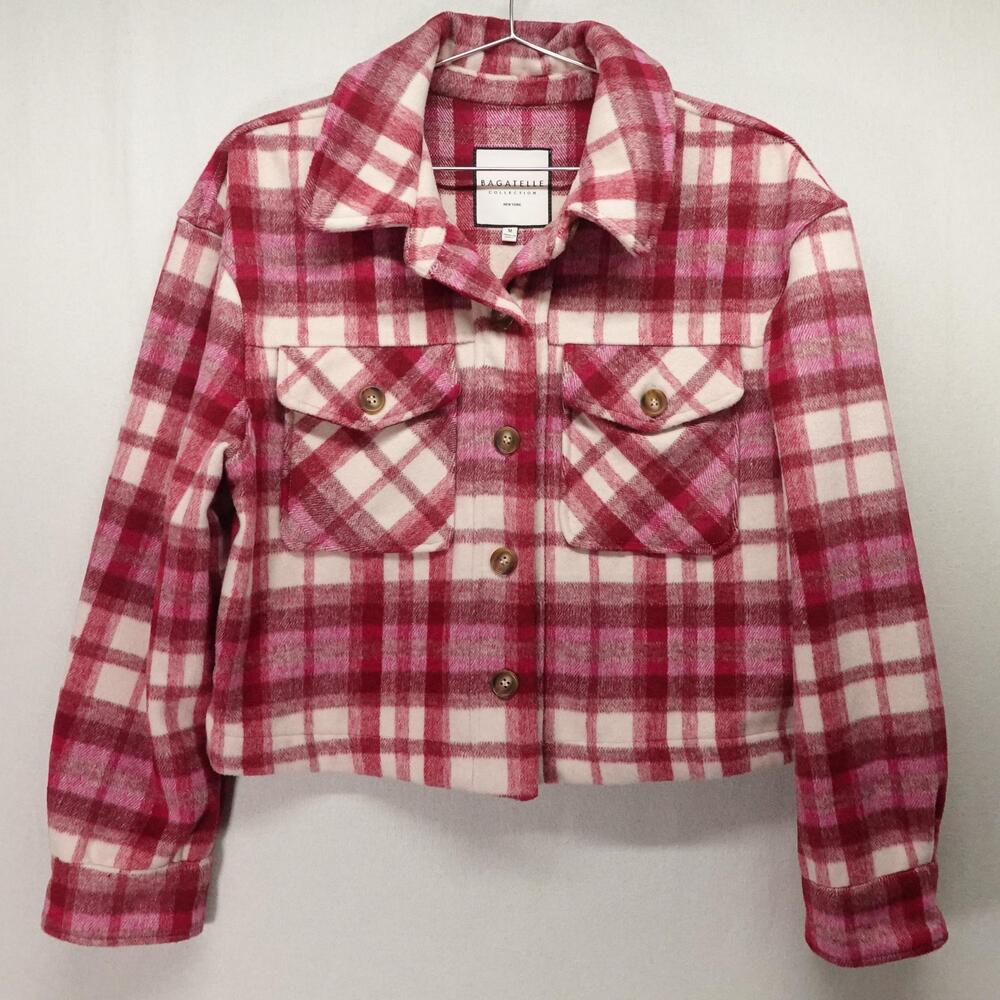 Bagatelle Collection Jacket Womens Medium Pink Plaid Cropped Button Soft